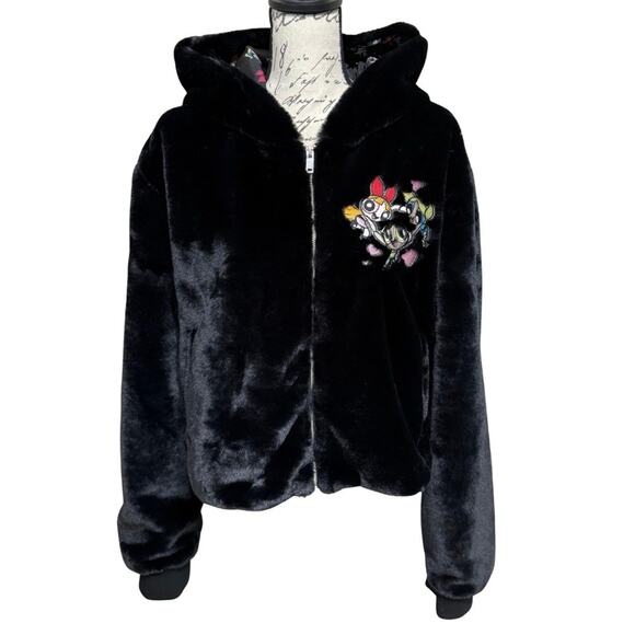 Dolls Kill Power Puff Faux Fur Jacket Plus Size 1X Black Full Zip Hooded Lined - Picture 1 of 12